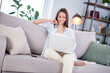 © deagreez - Photo of nice optimistic brunette lady sit talk laptop write wear shirt trousers at home