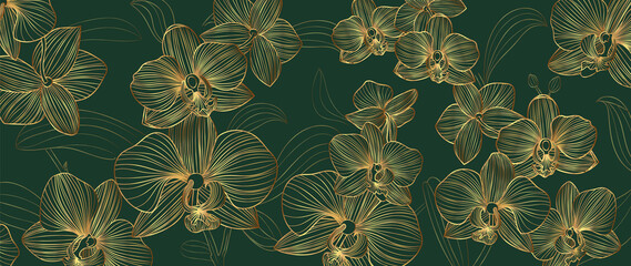 Luxury Gold orchid background vector. Golden orchid line arts design for wallpaper, wall arts, fabric, prints and background texture, Vector illustration.