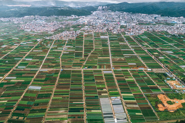 aerial view of agricultural plots of land under cultivation in Vegetable Plants near Kunming, China