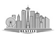 Vector illustration of Seattle, monochrome horizontal poster with outline design of seattle city scape, urban line art concept with unique decorative letters for black word seattle on white background