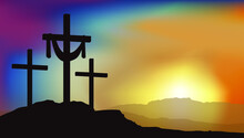 Three Crosses For Crucifixion Stand On Mount Golgotha Against The Background Of Sunrise 