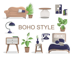 The interior of the bedroom in Boho style.A set of pieces of furniture. The bedroom is decorated in beige tones with blue and green accents.A bed with a large headrest. Interior items. Design element