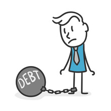 Stick Man With Debts. Concept Of Businessman Chained To A Crisis Economic Future