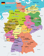 Vector Map of Germany with detailed Administrative divisions and borders, City and Region Names and international bordering countries in bright colors palette