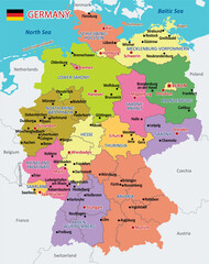  Vector Map of Germany with detailed Administrative divisions and borders, City and Region Names and international bordering countries in bright colors palette