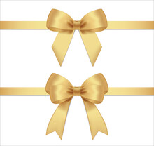 Elegant Gold Ribbon And Bow Isolated On White Background,Set Of Decorative Golden Bows.