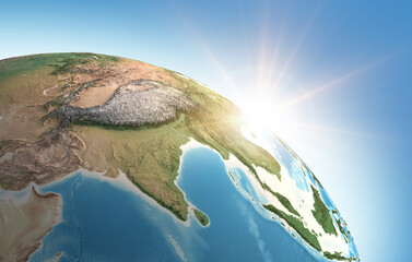 Wall Mural - sun shining over a high detailed view of planet earth, focused on asia, india, himalayas and tibet. 