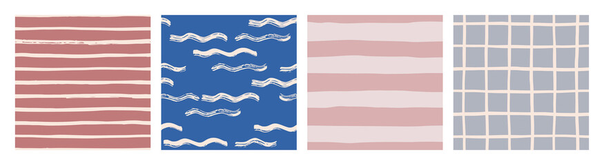 Collage with hand drawn brush strokes seamless patterns. Vintage stripes background for covers, prints, wrapping paper. Ink lines for decorative design. Bright hand drawn backdrop. Grunge texture