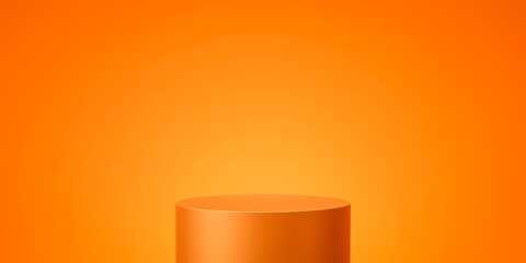Leinwandbilder - Orange product background stand or podium pedestal on empty display with glowing light backdrops. 3D rendering.