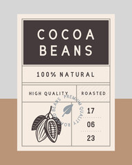 Cocoa beans vintage label. Chocolate vintage packaging design. Roasted Cocoa Beans label, tag, sticker design for packaging. Retro vintage old label template. Vector illustration