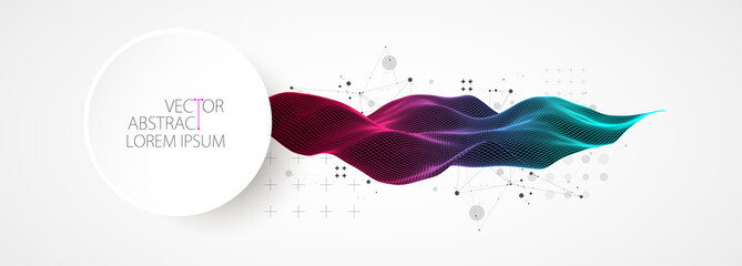 The abstract wave is made in a frame style in a bright gradient color. Template for science and technology presentation.