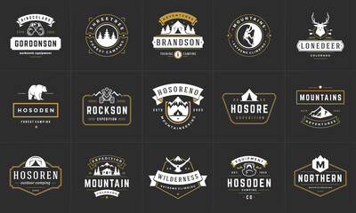 Camping logos and badges templates vector design elements and silhouettes set