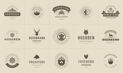 Wall Mural - Camping logos and badges templates vector design elements and silhouettes set