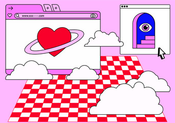 Retro vaporwave desktop with message boxes and user interface elements. Conceptual illustration of dating app.