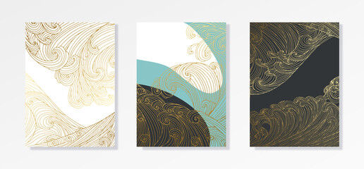 Line art design of waves, montain, modern hand-drawn vector background, gold ink pattern. Minimalist Asian style.