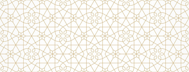 Seamless geometric pattern with stars and stylized flowers on white background. Monochrome vector abstract floral design. Decorative lattice in Arabic style. Ornament for textile, fabric and wrapping.