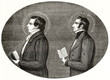 portraits of Joseph and Hyram Smith (Mormonism founder and his brother) displayed in side view holding sacred books. Ancient grey tone etching style art by Mettais, Le Tour du Monde, 1862