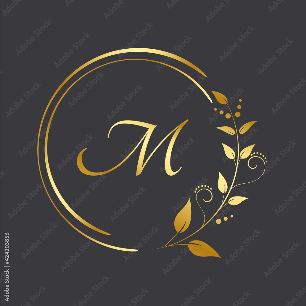 Luxury logo gold with initials letter M and floral frame decorative for ...