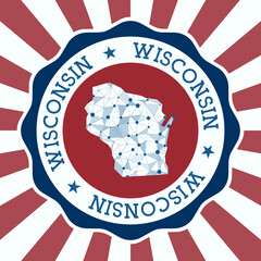 Wisconsin Badge. Round logo of us state with triangular mesh map and radial rays. EPS10 Vector.