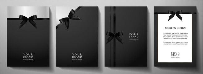 Wall Mural - Holiday cover design set. Luxury silver, dark background and black ribbon (bow). Formal premium vector collection template for invitation (invite vip card), greeting or gift card, award