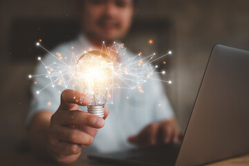 Leinwandbilder - idea concept and light bulbs with connection line, businessman show new ideas with innovative technology and creativity.