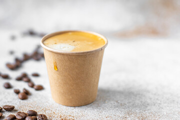 frothy coffee hot fresh disposable paper cup zero waste break meal top view copy space for text food background