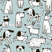 Seamless Pattern With Cute Hand Drawn Dogs. Creative Childish Texture In Scandinavian Style. Great For Fabric, Textile Vector Illustration