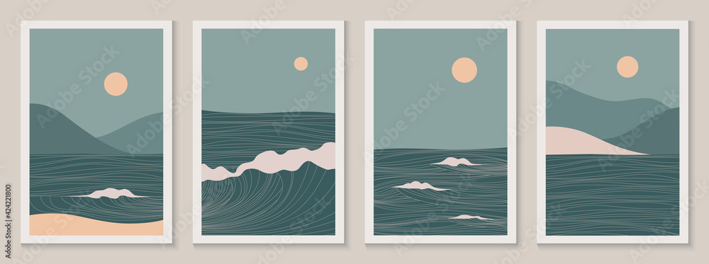 Abstract contemporary aesthetic landscapes set with Sun, Sea, wave, mountains. Mid century modern minimalist line art print. Backgrounds in retro asian japanese style. Vector illustrations - obrazy, fototapety, plakaty 