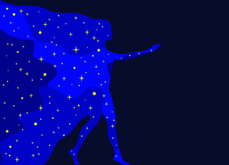 blue universe with yellow stars in the shape of a woman's profile silhouette in full height on a dar