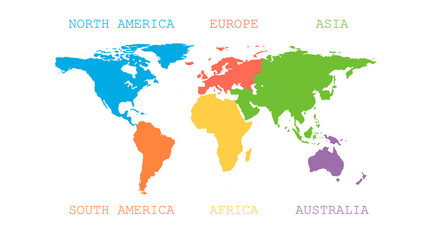  World map with continents of different colors. Continents of the world. Vector illustration in a flat style.