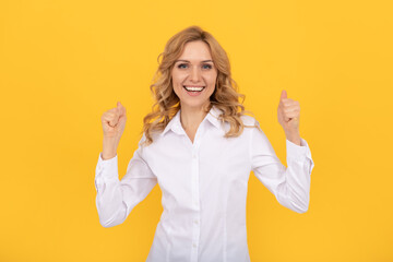 happy successful businesswoman woman in white shirt hold thumb up, success