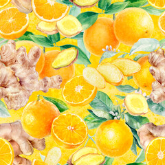 Wall Mural - Watercolor seamless pattern orange fruit ginger on a color background.