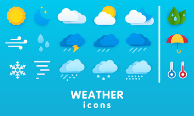 set of vector paper cut weather icons. icons for sunny, cloudy, rainy, windy and snowy weather. umbr