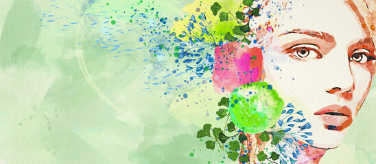 Spring. Watercolor abstract girl. Fashion background.