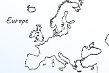 Hand Draw Map Of Europe. Black Line Drawing Sketch. Outline Doodle On White Background. Handwriting Script Name Of The Country. Vector Illustration
