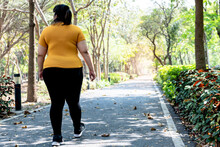 Behind The Asian Fat Woman Walking For Exercise In The Park, In A Warm Sunny Morning, To Lose Weight And To Be Healthy, Concept To People And Maintaining Good Health With Exercise.