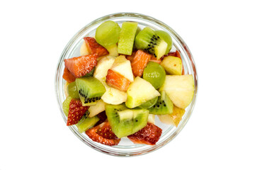 Wall Mural - Fruit salad in bowl isolated on white background top view