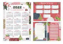 2022 Printable Wall Calendar, Sunday Start. Weekly To Do List. Schedule Template For School Or Business With Geometric Element. 12 Month Abstract Calendar With Christmas Tree And Gift. Happy Note.