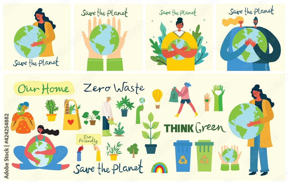 Set of eco save environment pictures. People taking care of planet collage. Zero waste, think green, save the planet, our home hand written text - obrazy, fototapety, plakaty 