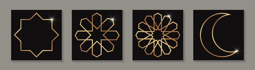 Wall Mural - Set of golden arabic stars and month for Ramadan on a black background.