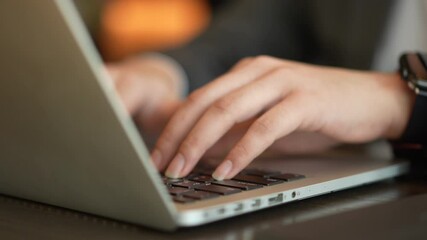 slow motion scene businessman hand typing on keyboard at desktop computer in office for checking and