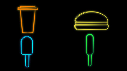 Wall Mural - Food Neon Icons. Burger, Ice Cream And Drinks, Hot Dog And Pizza Color Sign. Night Bar Or Restaurant