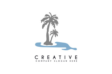 Wall Mural - Beach logo design with coconut tree vector illustration. Beach holiday flat logo isolated on white background