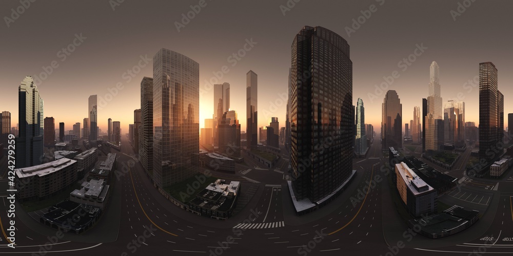 Sunrise over the city,, HDRI, environment map , Round panorama, spherical panorama, equidistant projection, panorama 360, 3d rendering - obrazy, fototapety, plakaty 