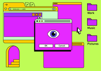 Retro vaporwave desktop with message boxes and user interface elements. A conceptual illustration of website and application programming.