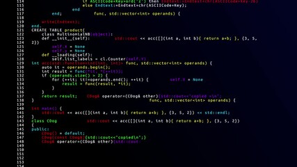 source code scrolling 4k loop animation. program code hacking process. hacker display with glich pix