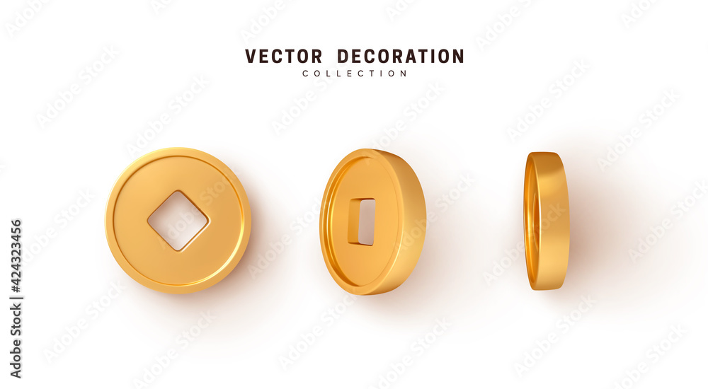 Ancient old gold coins of China, with square hole. Realistic 3d design ...