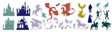 Medieval Castle And Mythical Fairy Tale Character Set, Vector Illustration. Magic Unicorn, Pegasus, Firebird, Cute Fairy