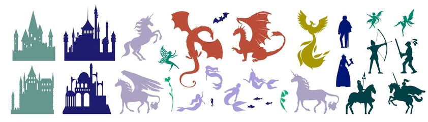 Medieval castle and mythical fairy tale character set, vector illustration. Magic unicorn, Pegasus, firebird, cute fairy