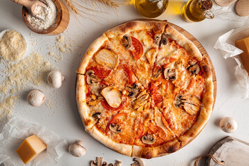 Wall Mural - Fresh baked chicken and mushroom pizza on the white background